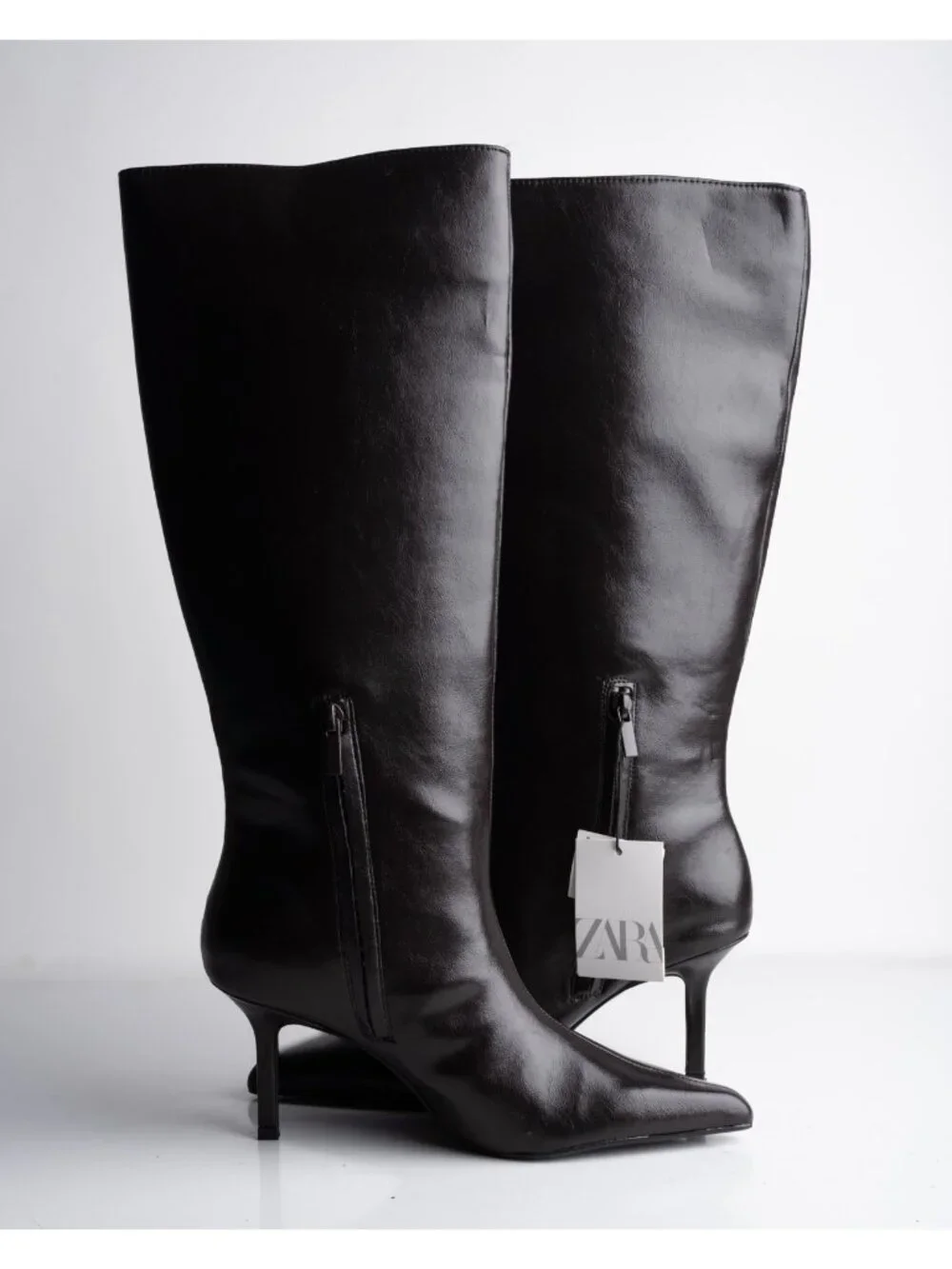 Zara Womens Boots Faux Leather Knee High Heeled Brown Sz US 7.5 EU 38 NWD - Picture 3 of 10